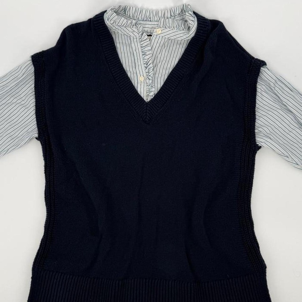 LOFT Womens Navy Blue Cotton Sweater Vest 2-in-1 Striped Shirt Layered Look L